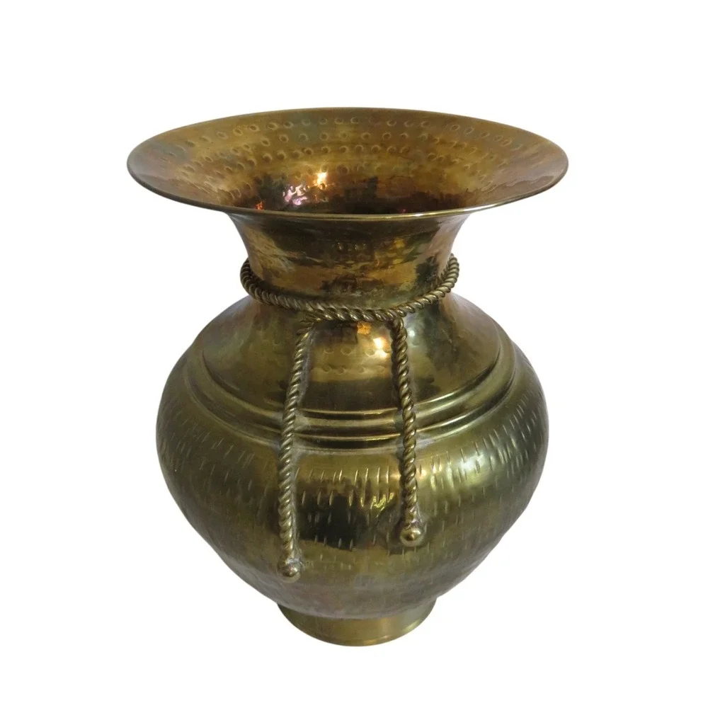 Large GATCO Solid Brass Hammered Finish Vase Rope Detail Made in India‎